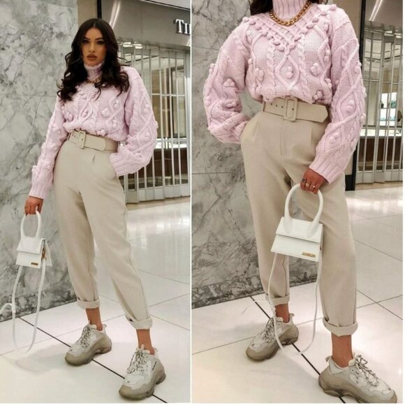 Zara Knit Pom Pom Turtleneck Sweater Light Pink Blogger Fav Size Large - Picture 2 of 10